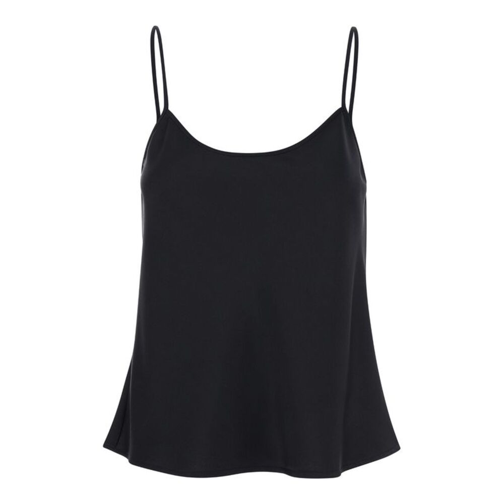 Plain Women Black Tank Top With U Neckline In Satin Fabric Woman